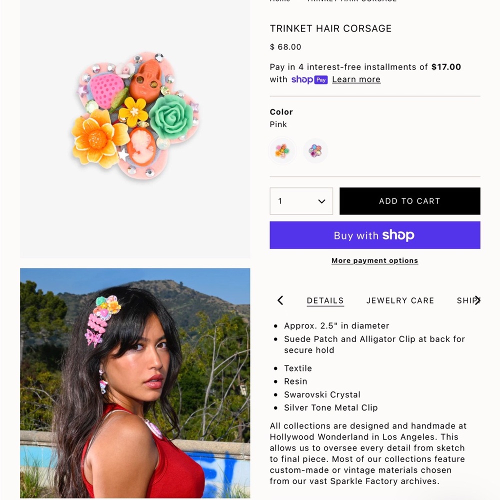 Tarina Tarantino Pink Skull Swarovski Crystal Bow Hair Clip - Picture 7 of 7